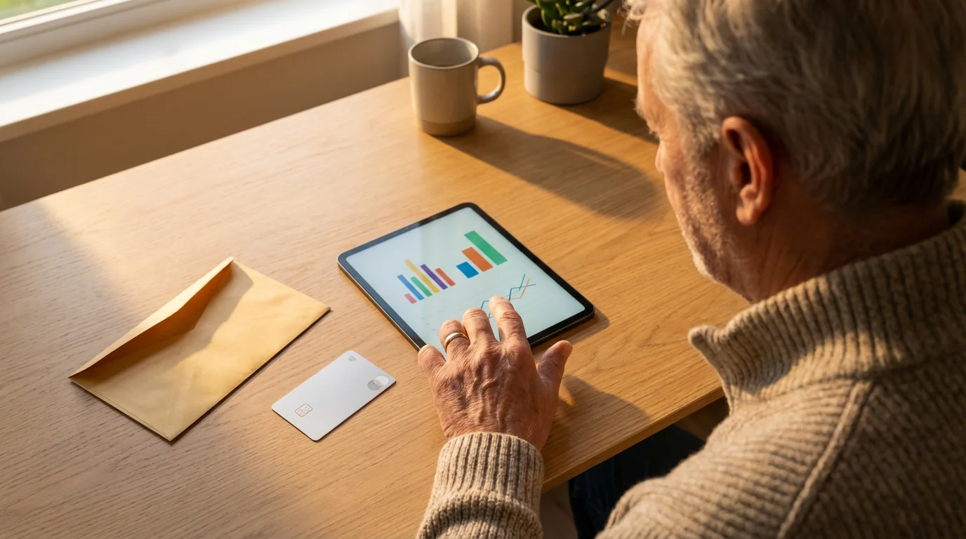 Over-the-shoulder view of a senior man using a tablet budgeting app at his desk.