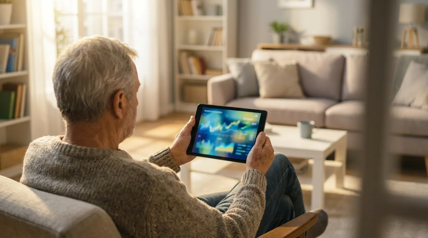 Over-the-shoulder view of a senior man using a tablet to check his finances.