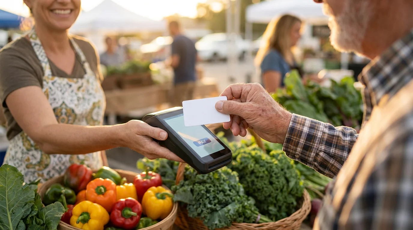 Over-the-shoulder view of a senior man using an EBT card at a farmer's market.