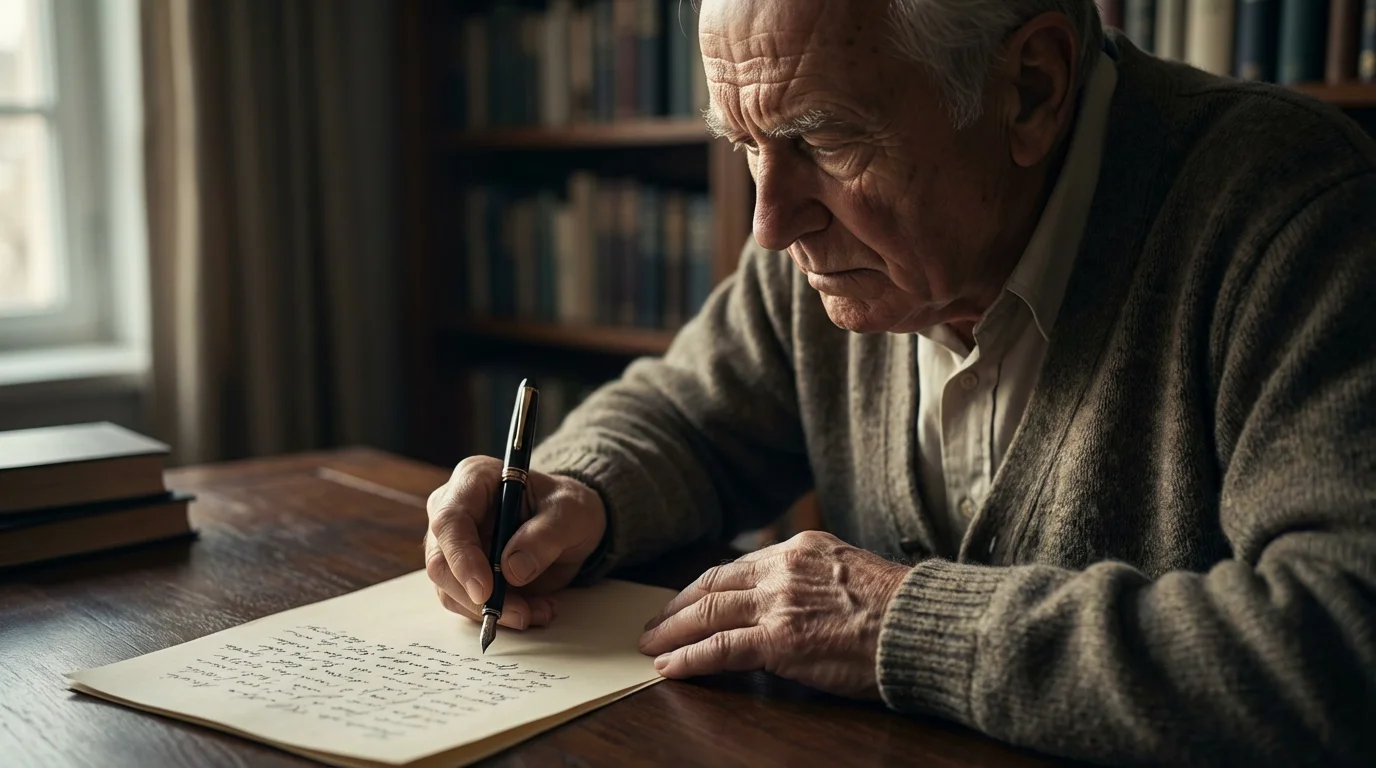 Over-the-shoulder view of a senior man writing a letter at his desk.