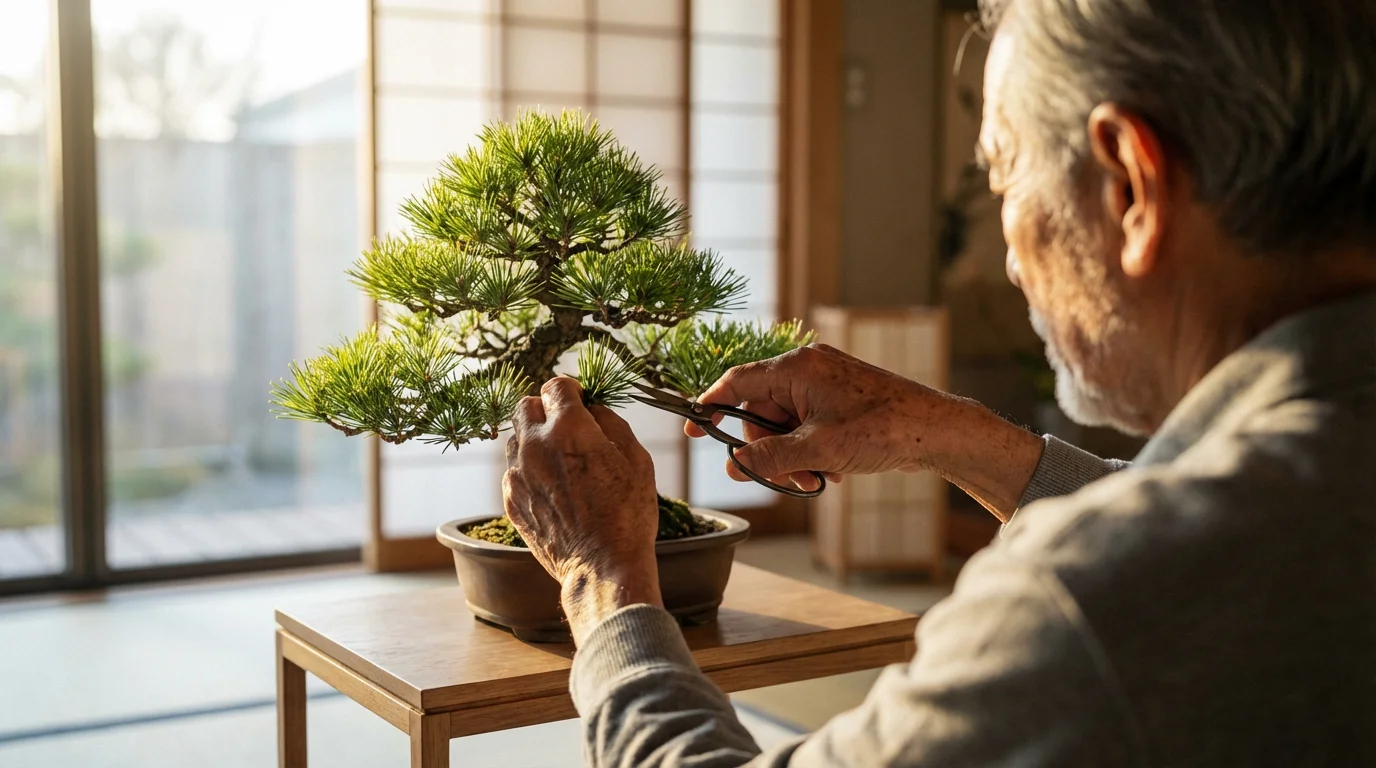 Over-the-shoulder view of a senior man's hands carefully tending to a bonsai tree.
