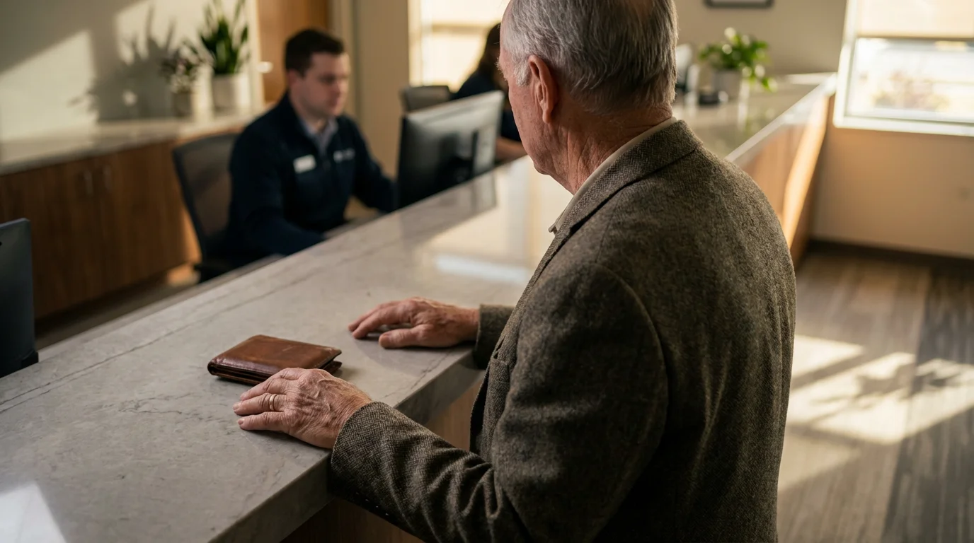 Over-the-shoulder view of a senior man's hands on a service counter in the afternoon.