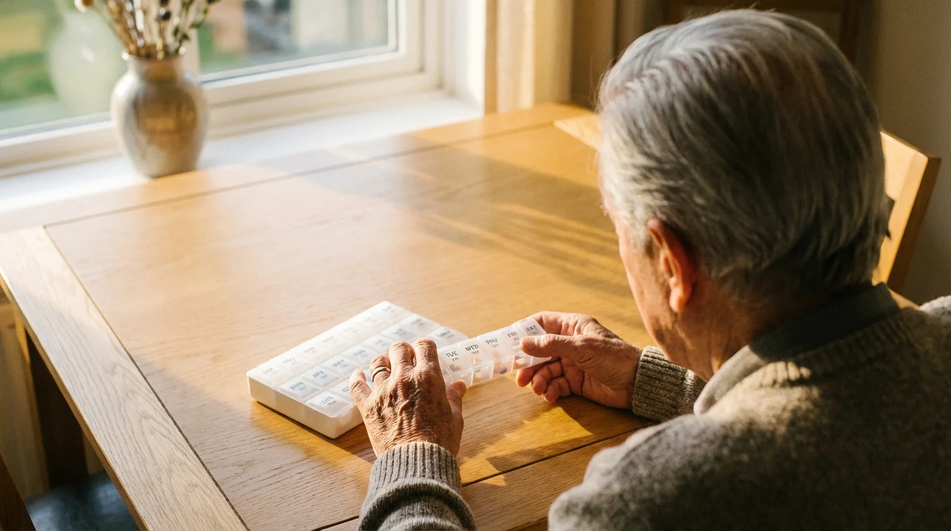 Over-the-shoulder view of a senior person thoughtfully comparing two different pill organizers at a table.