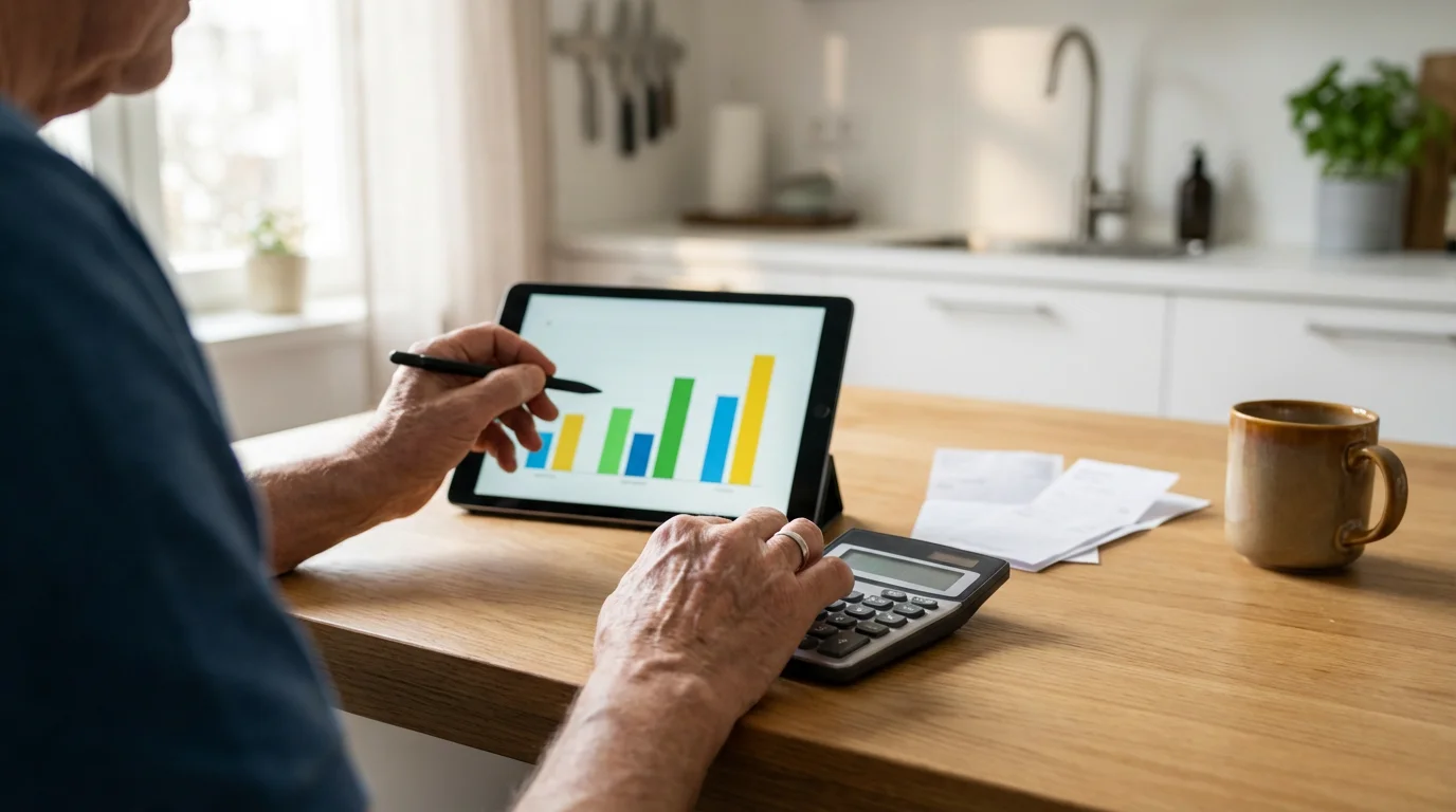 Over-the-shoulder view of a senior person budgeting with a tablet and calculator at a table.