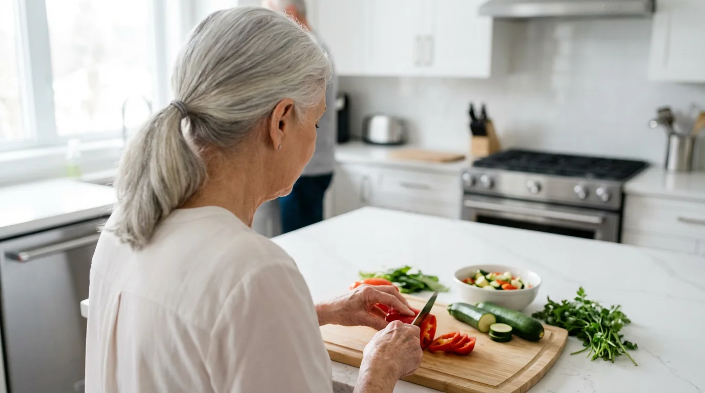 Over-the-shoulder view of a senior preparing fresh, colorful vegetables on a cutting board.