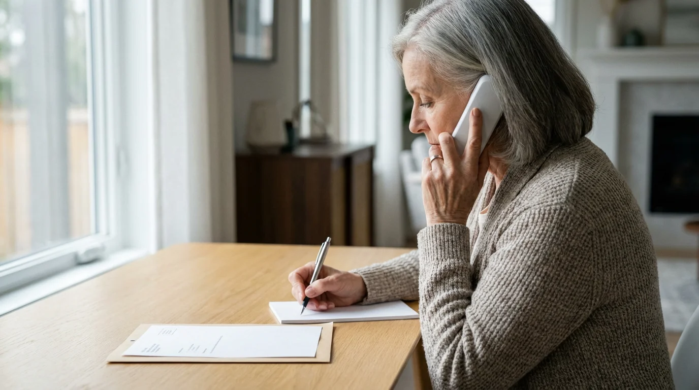 Over-the-shoulder view of a senior woman on the phone reviewing paperwork at a desk.