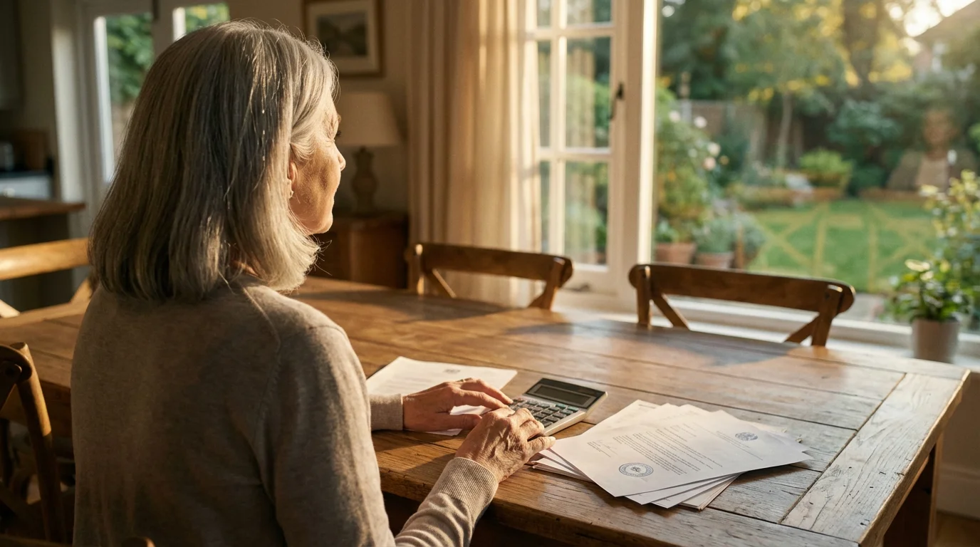 Over-the-shoulder view of a senior woman reviewing documents at a table during sunset.