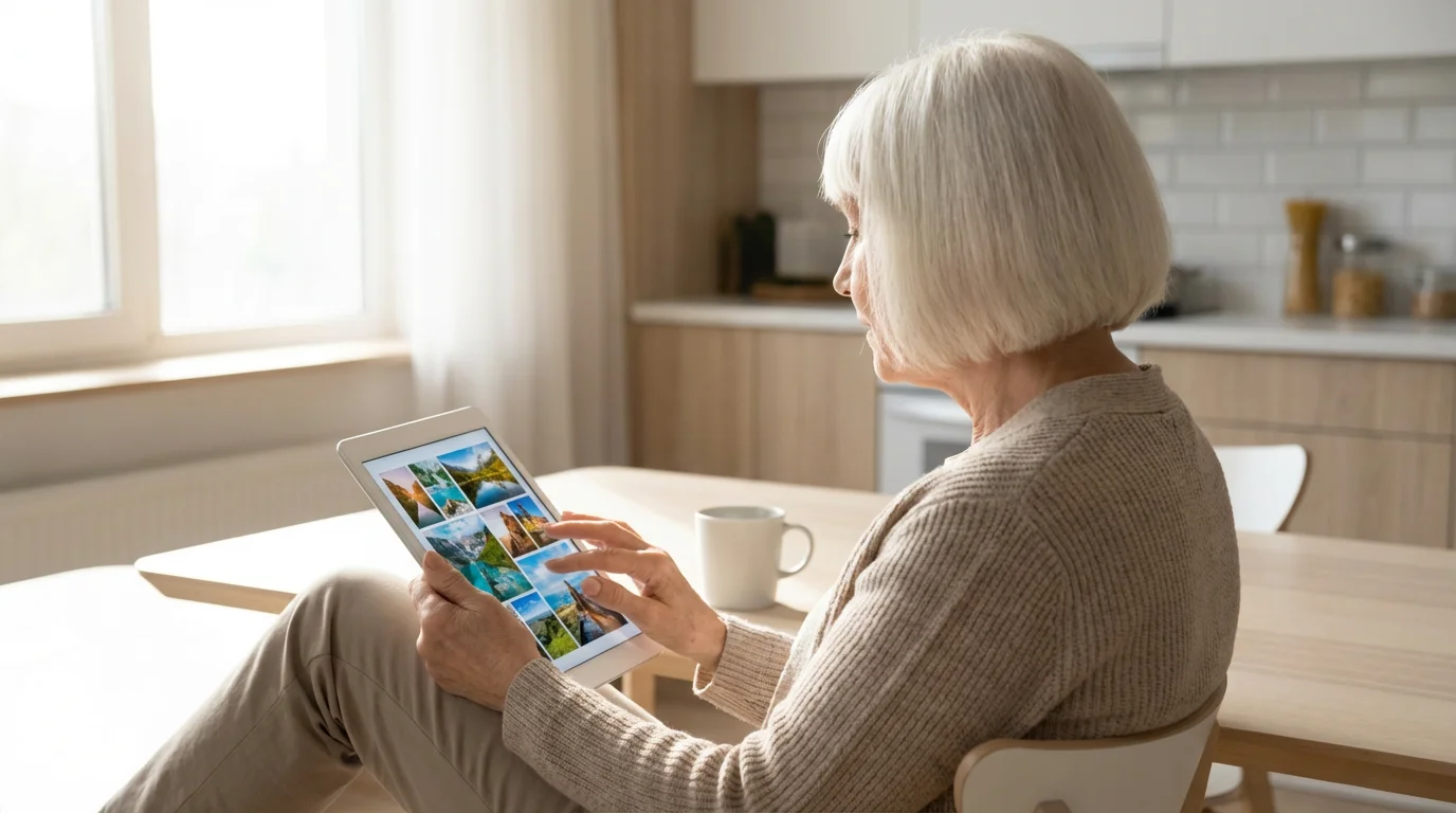 Over-the-shoulder view of a senior woman reading on a large tablet at home.