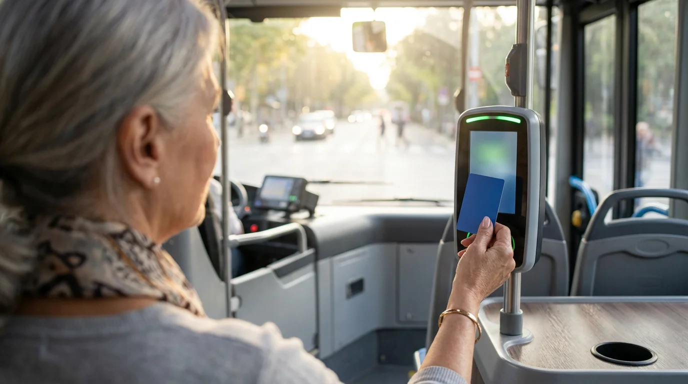 Over-the-shoulder view of a senior woman using a transit pass on a public bus.