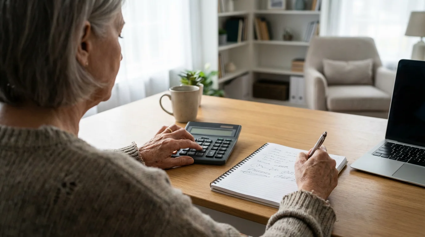 Over-the-shoulder view of a senior woman calculating retirement expenses with a notebook and calculator.