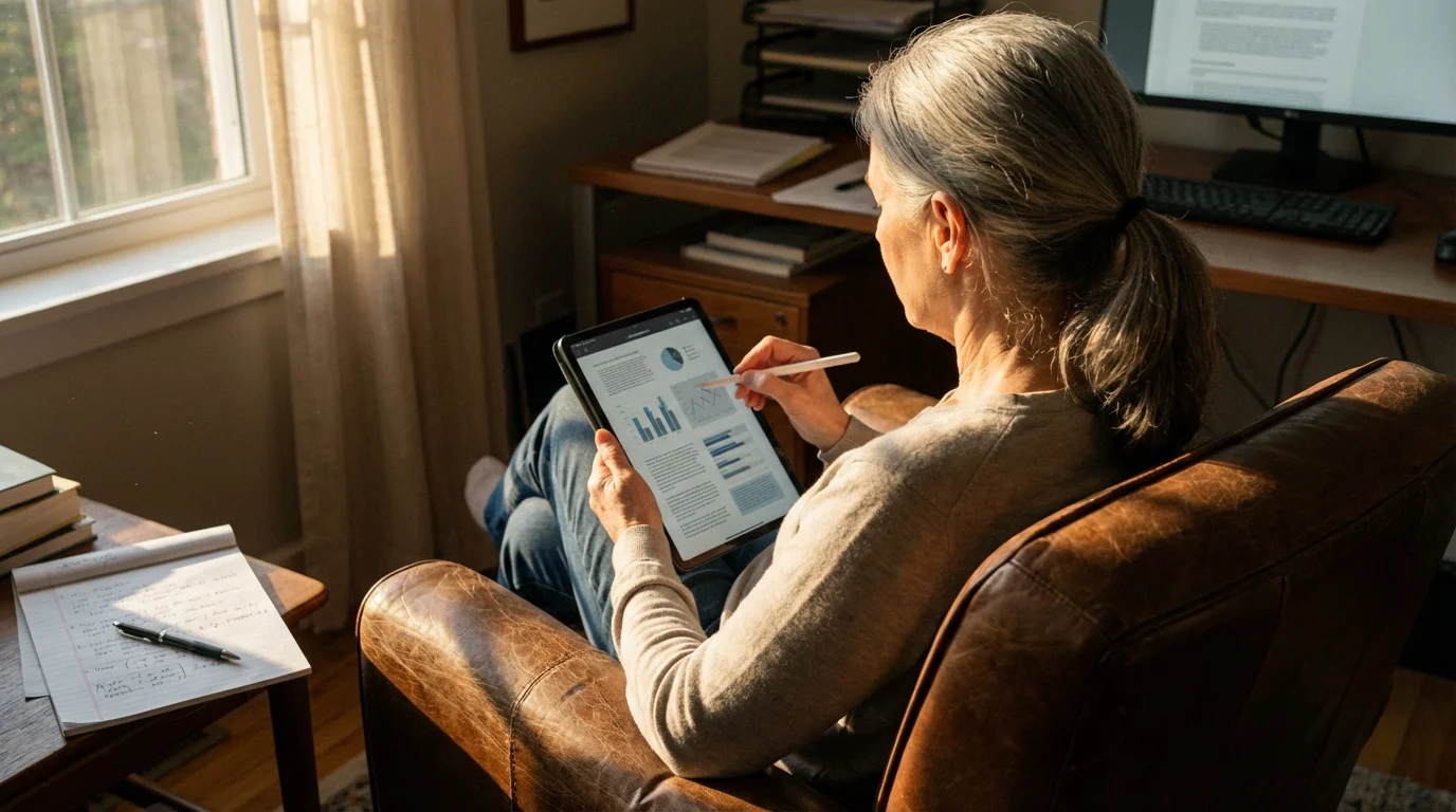 Over-the-shoulder view of a senior woman researching healthcare plans on a digital tablet.