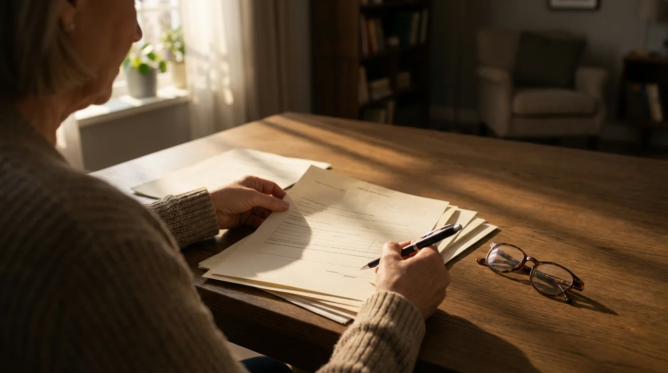 Over-the-shoulder view of a senior woman's hands organizing paperwork on a wooden table.