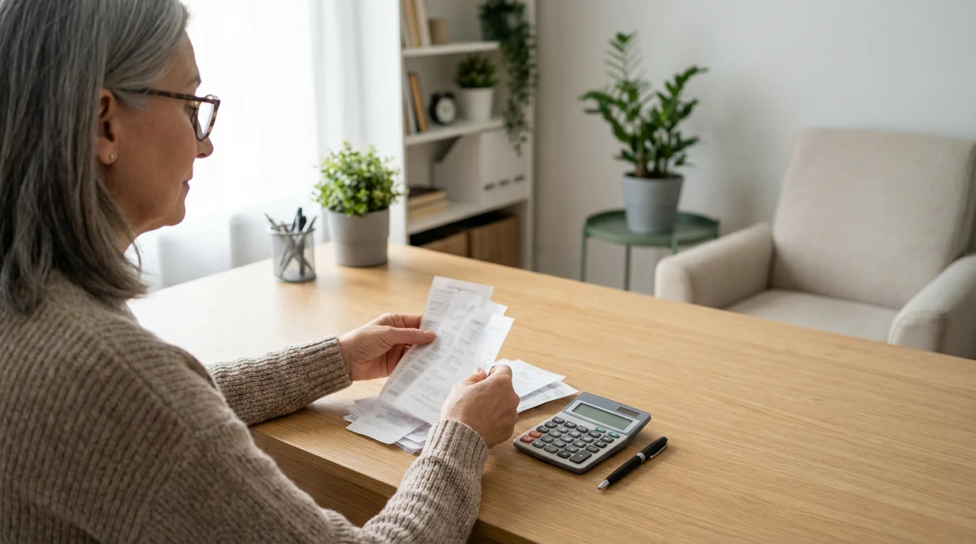 Over-the-shoulder view of a senior woman at a desk organizing medical expense receipts.