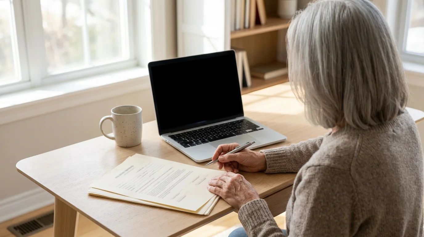 Over-the-shoulder view of a senior woman at a desk organizing financial retirement documents.