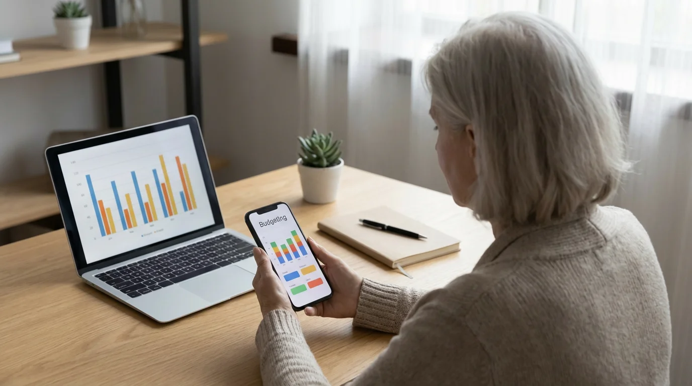 Over-the-shoulder view of a senior woman comparing budgeting tools on a smartphone and laptop.