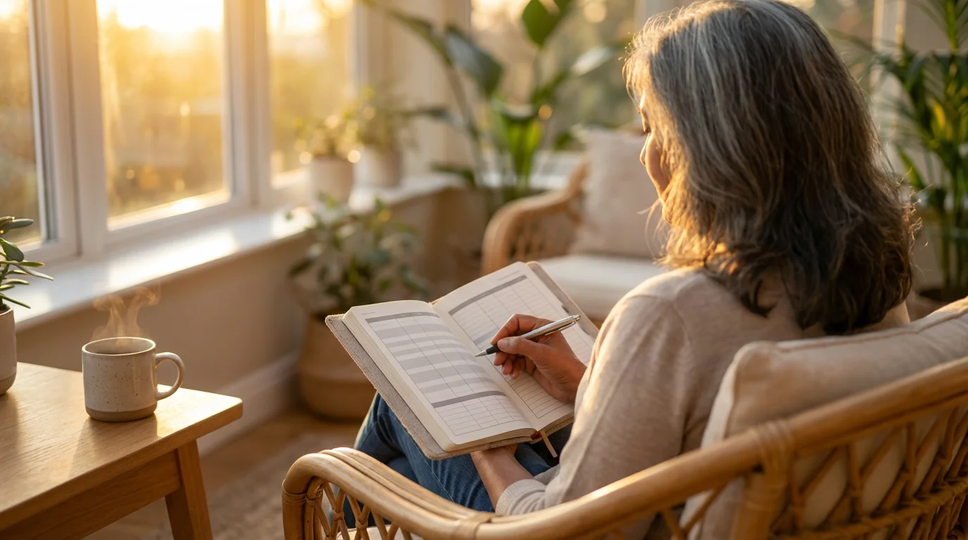Over-the-shoulder view of a senior woman writing in a budget planner at sunset.