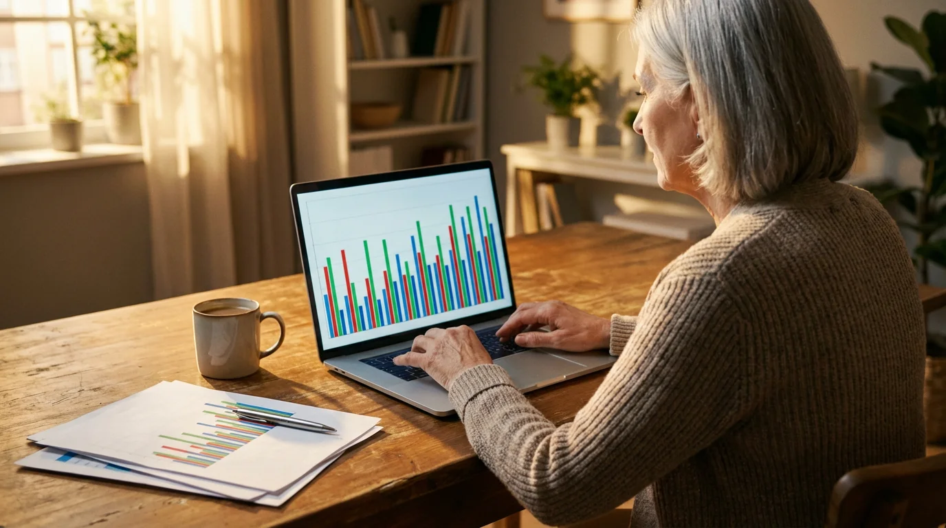 Over-the-shoulder view of a senior woman reviewing financial charts on a laptop at sunset.