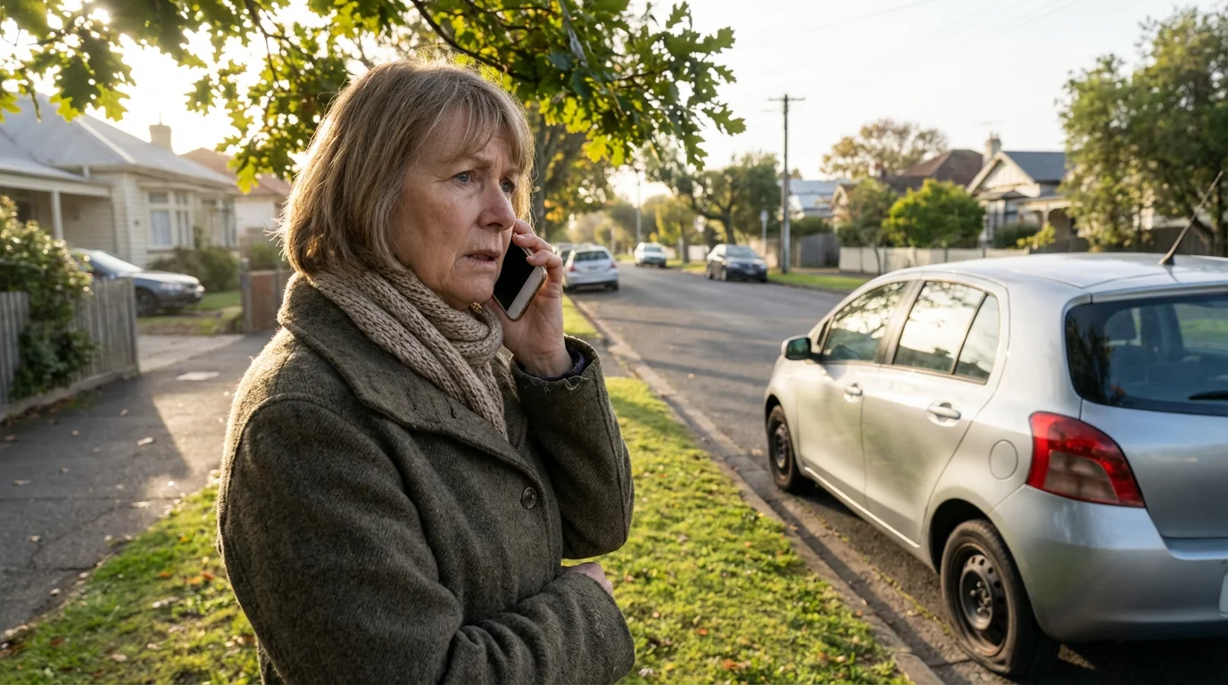 Over-the-shoulder view of a senior woman on the phone by her car with a flat tire.
