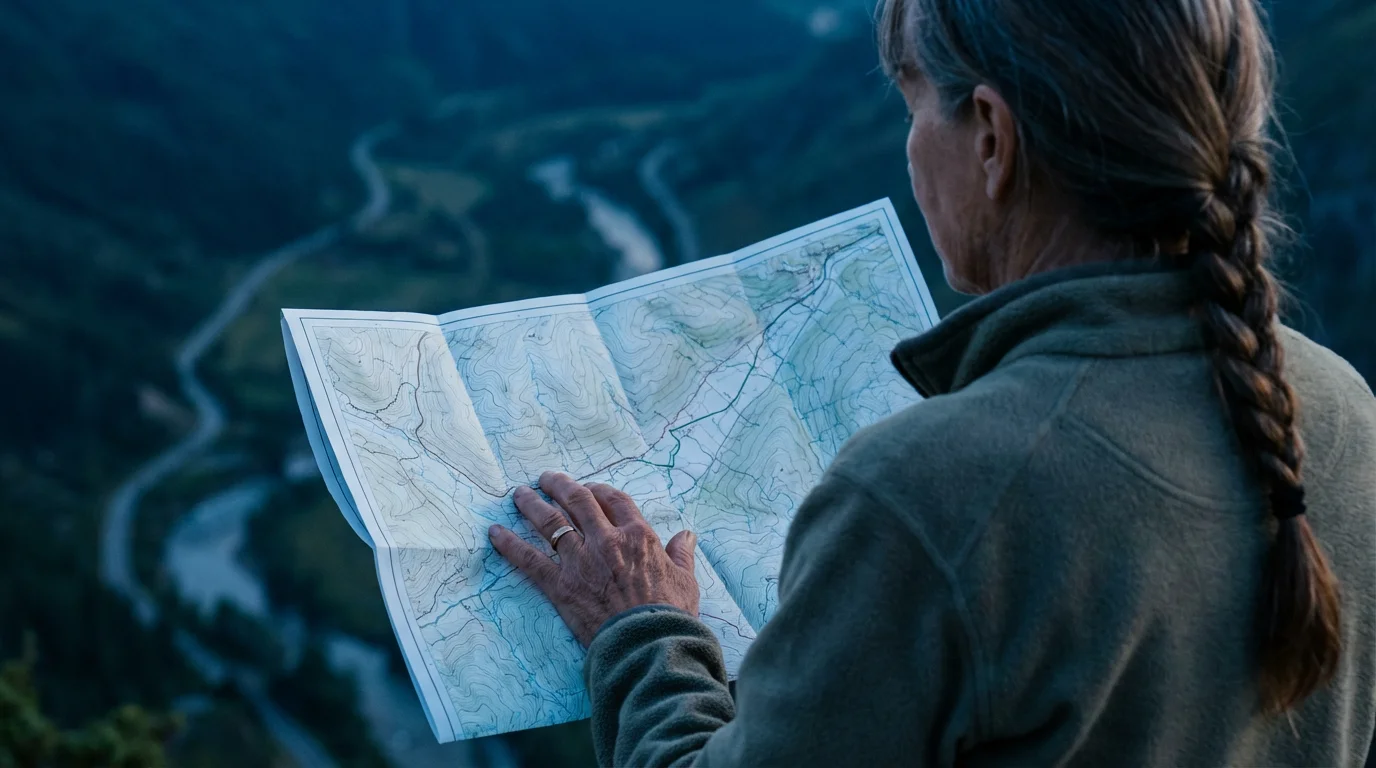 Over-the-shoulder view of a senior woman tracing a path on a map at dusk.