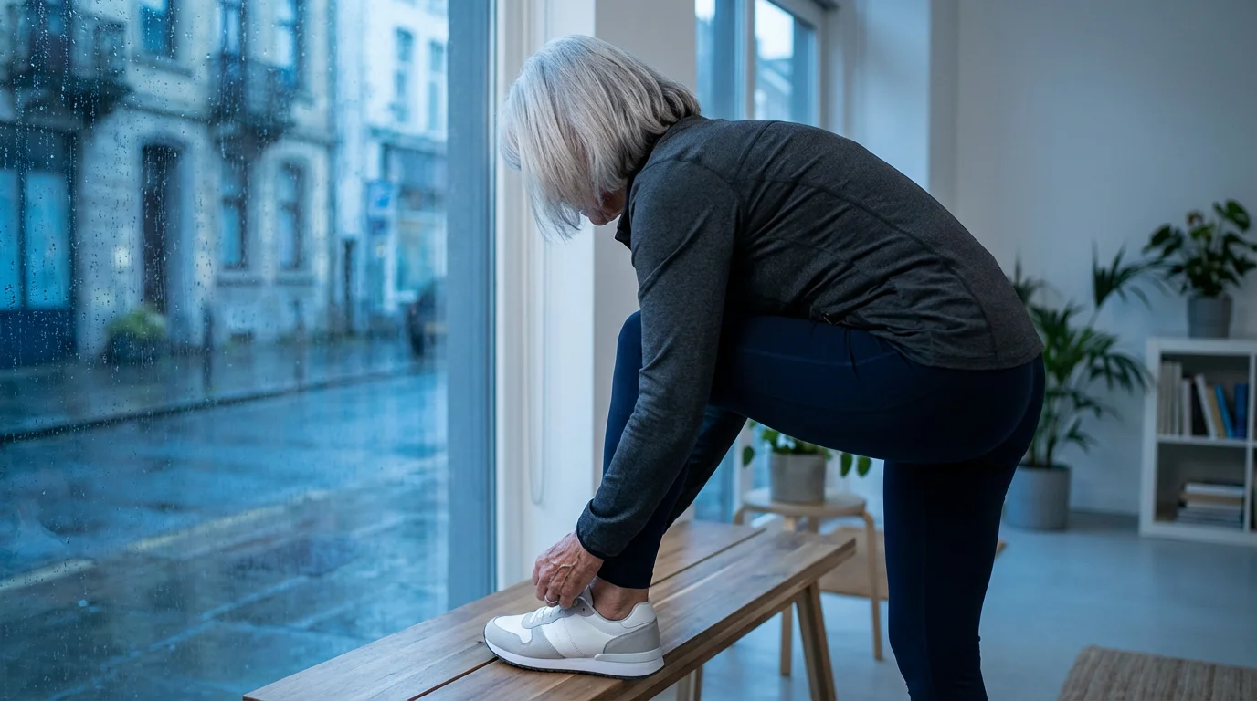 Over-the-shoulder view of a senior woman tying her athletic shoe indoors on a rainy evening.