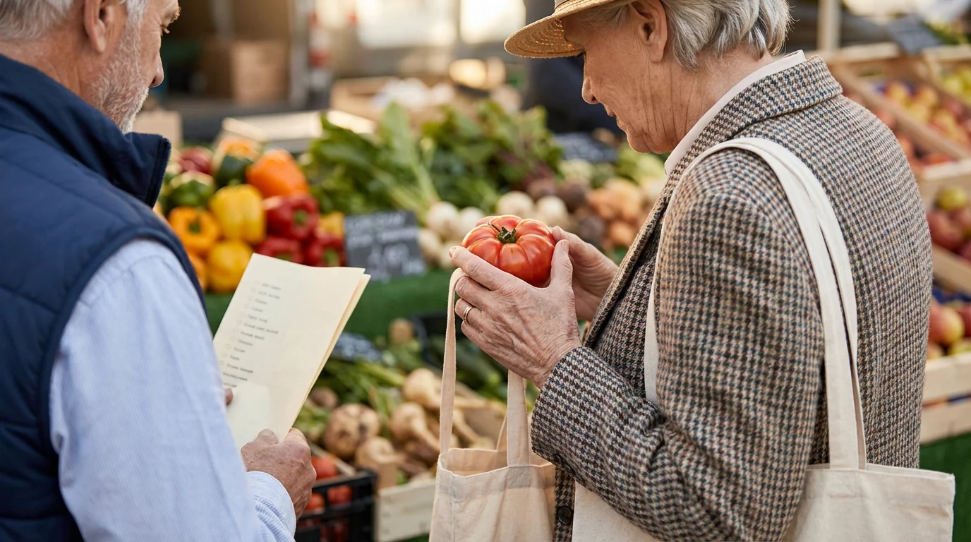Over-the-shoulder view of a senior woman carefully choosing fresh produce at a farmers market.