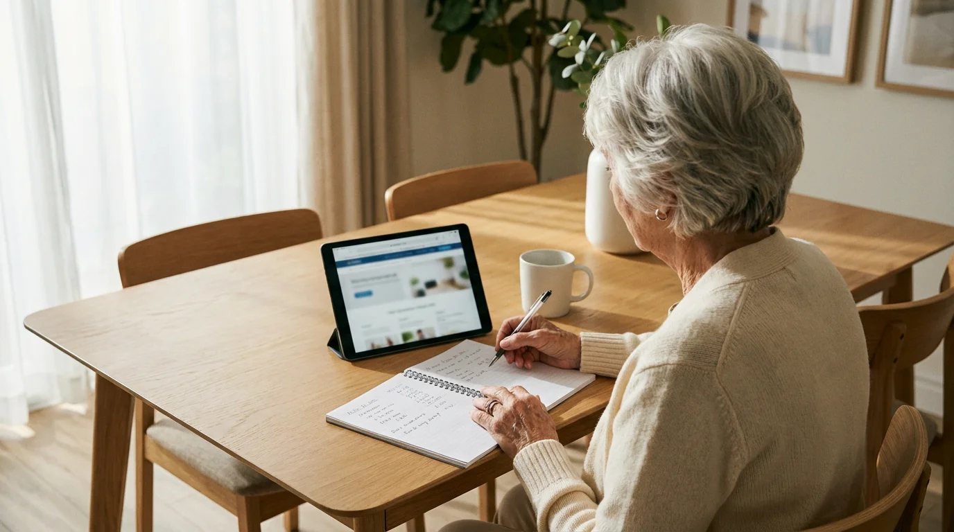 Over-the-shoulder view of a senior woman at a table planning savings with a notebook.