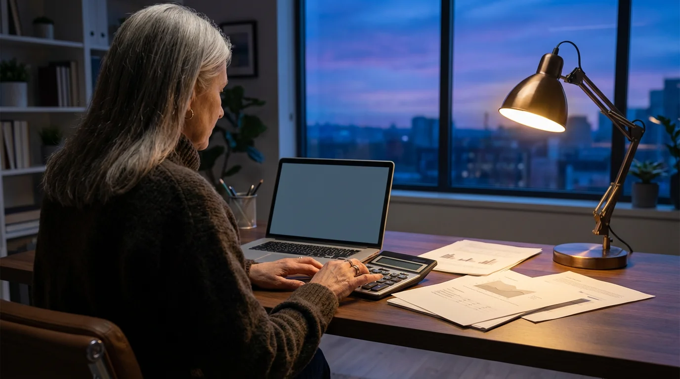 Over-the-shoulder view of a woman at a desk planning her retirement budget at dusk.