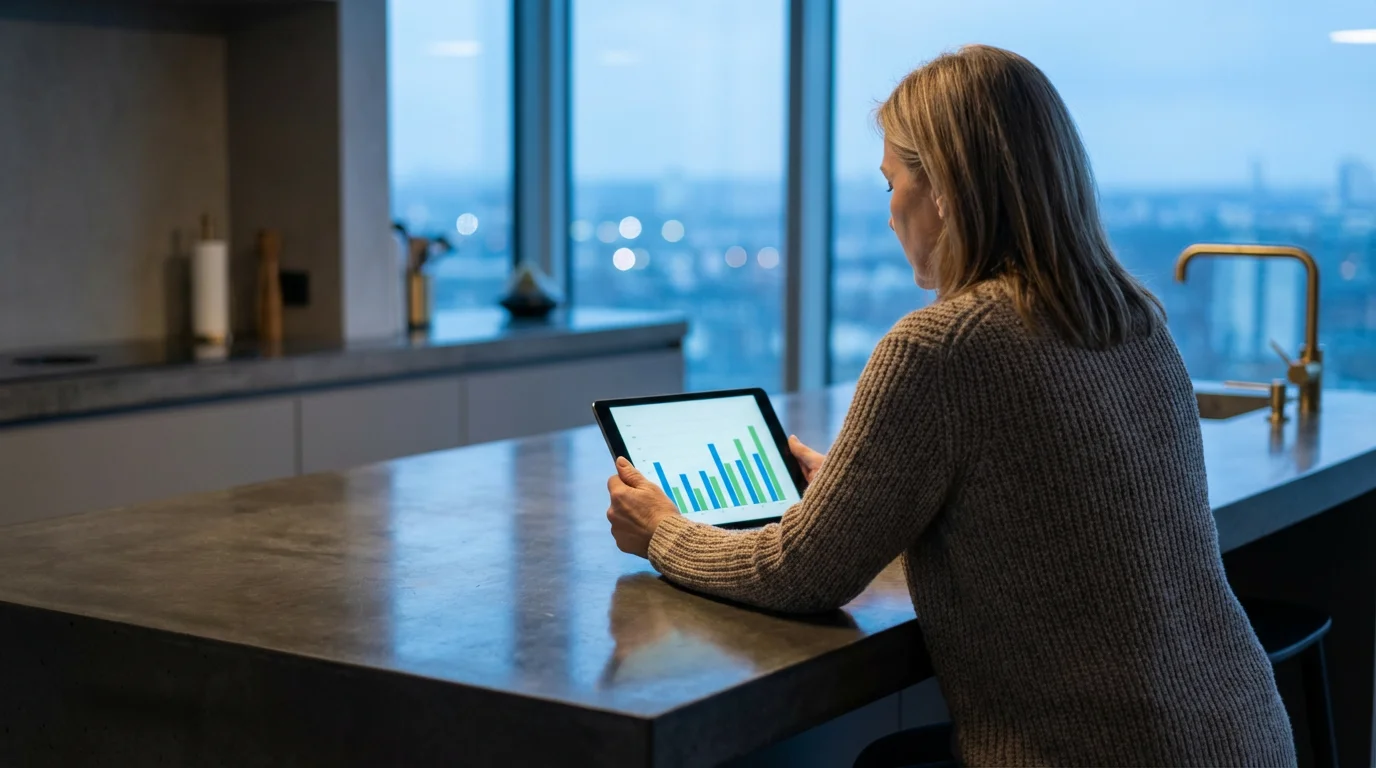 Over-the-shoulder view of a woman at dusk reviewing financial charts on a tablet.