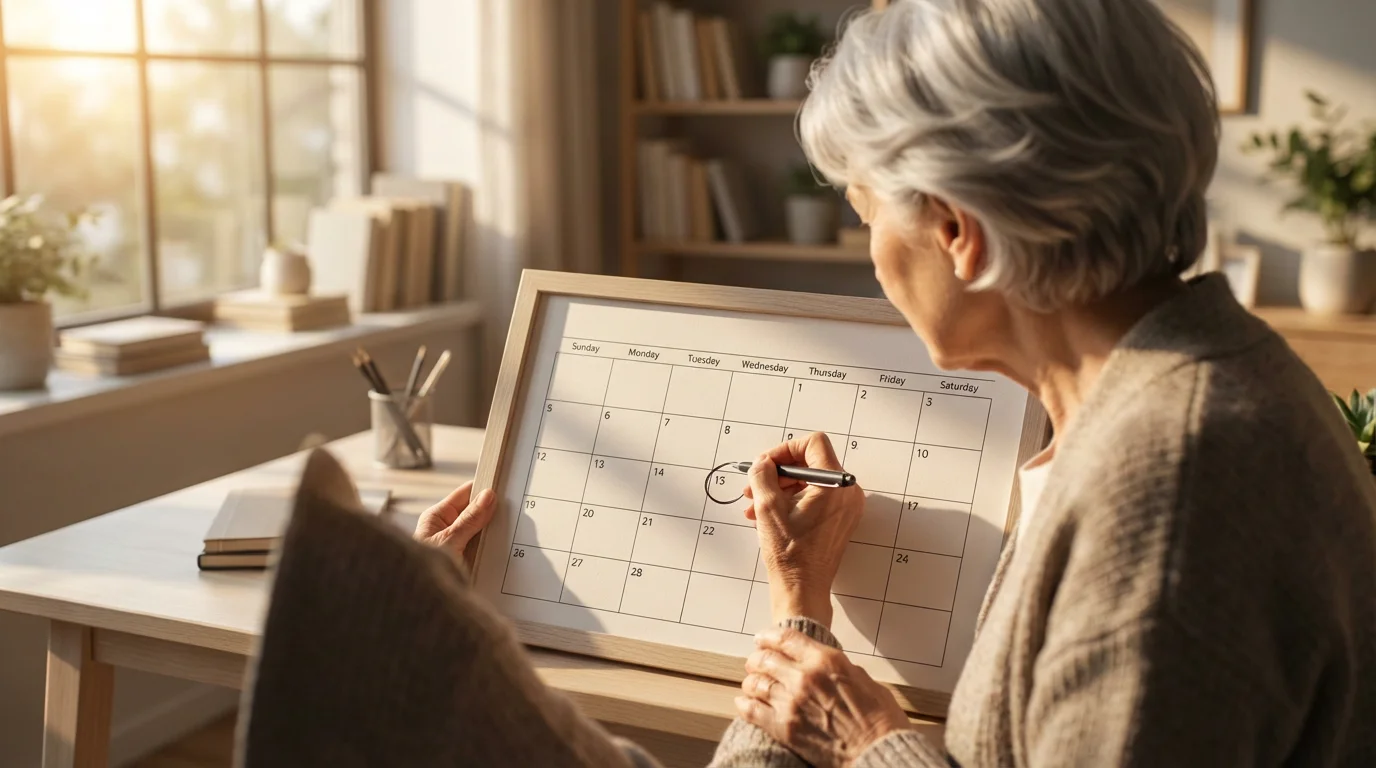 Over-the-shoulder view of a woman circling a date on a wall calendar during golden hour.