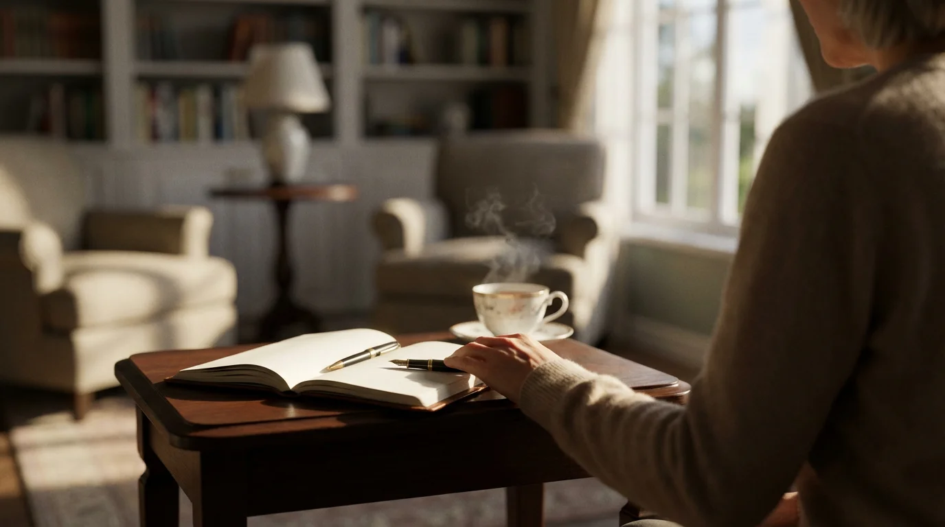 Over-the-shoulder view of a woman with a notebook, contemplating personal long-term financial planning.