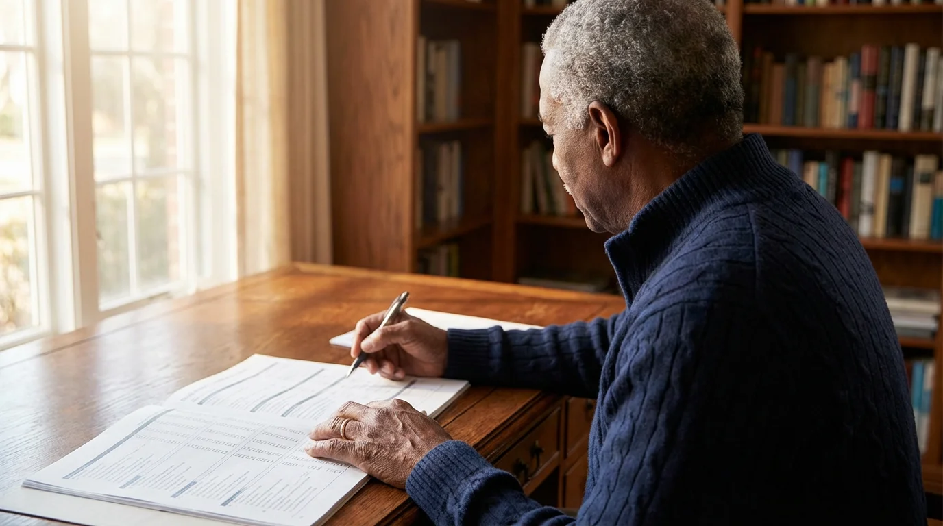 Over-the-shoulder view of an elderly man at a desk reviewing financial eligibility paperwork.