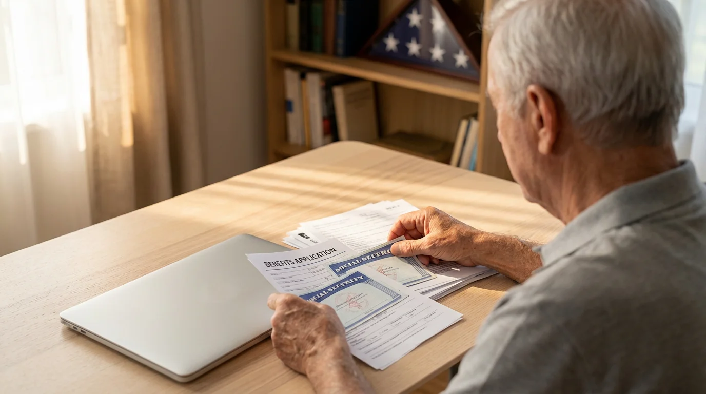 Over-the-shoulder view of an elderly veteran organizing application documents at a sunlit desk.