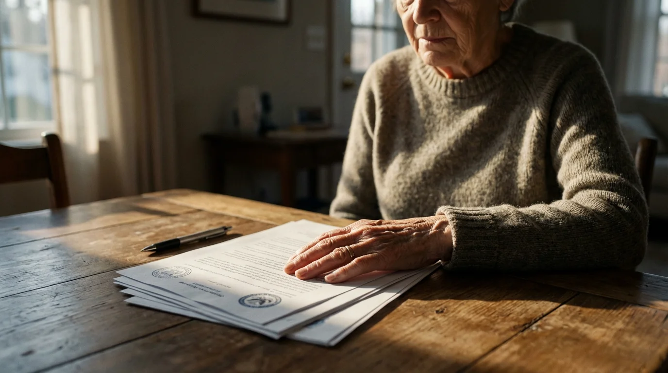 Over-the-shoulder view of an elderly woman reviewing insurance documents at a table.