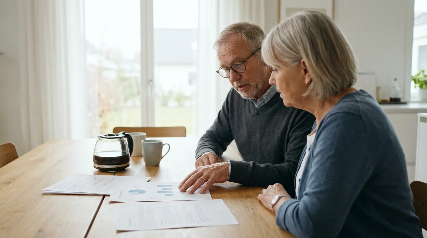 Over-the-shoulder view of an older couple reviewing foundational healthcare documents at a table.