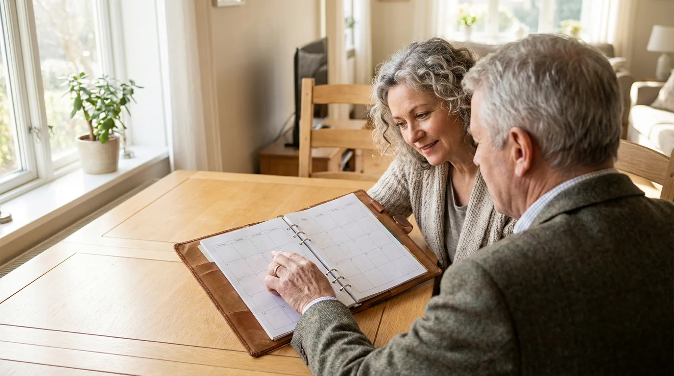 Over-the-shoulder view of an older couple looking at a blank planner together.