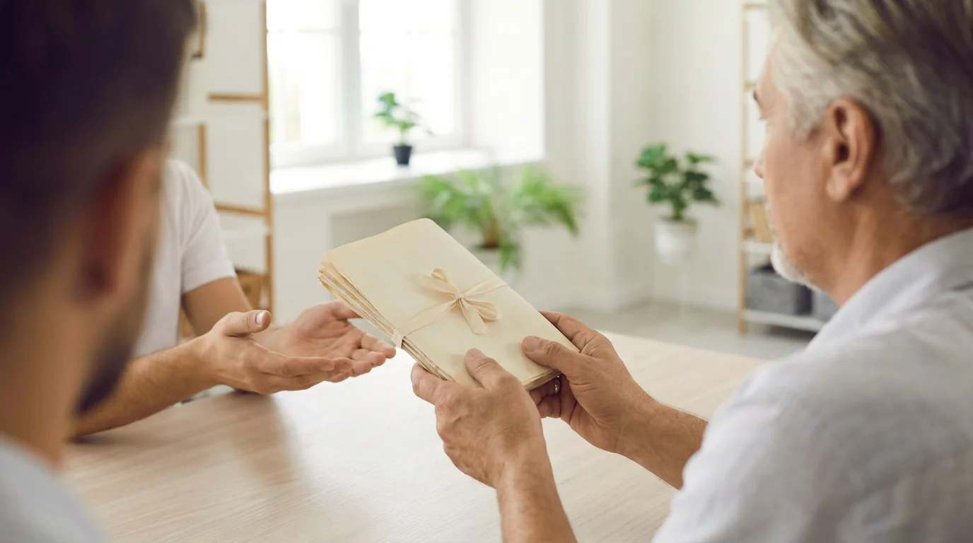Over-the-shoulder view of an older person's hands passing a will to younger hands.