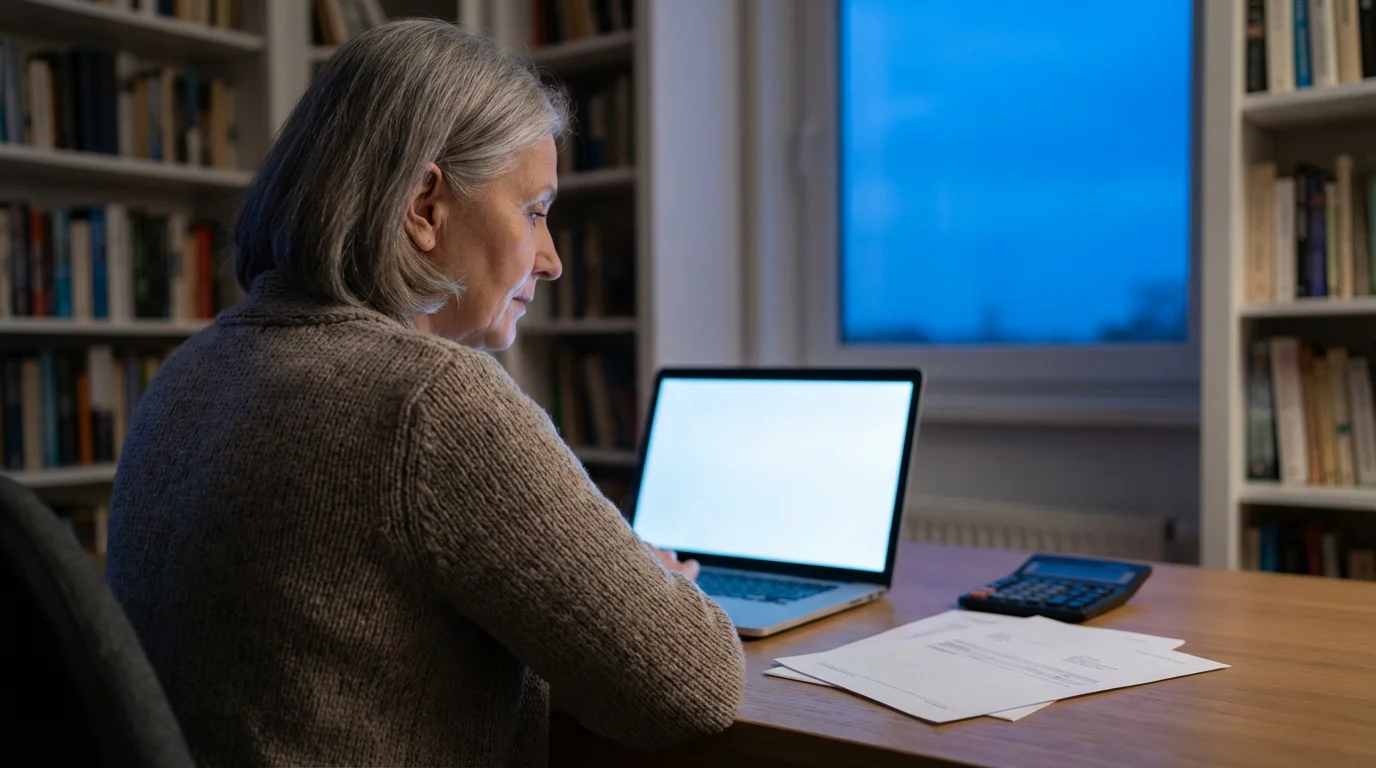 Over-the-shoulder view of an older woman at her desk at dusk, reviewing documents.