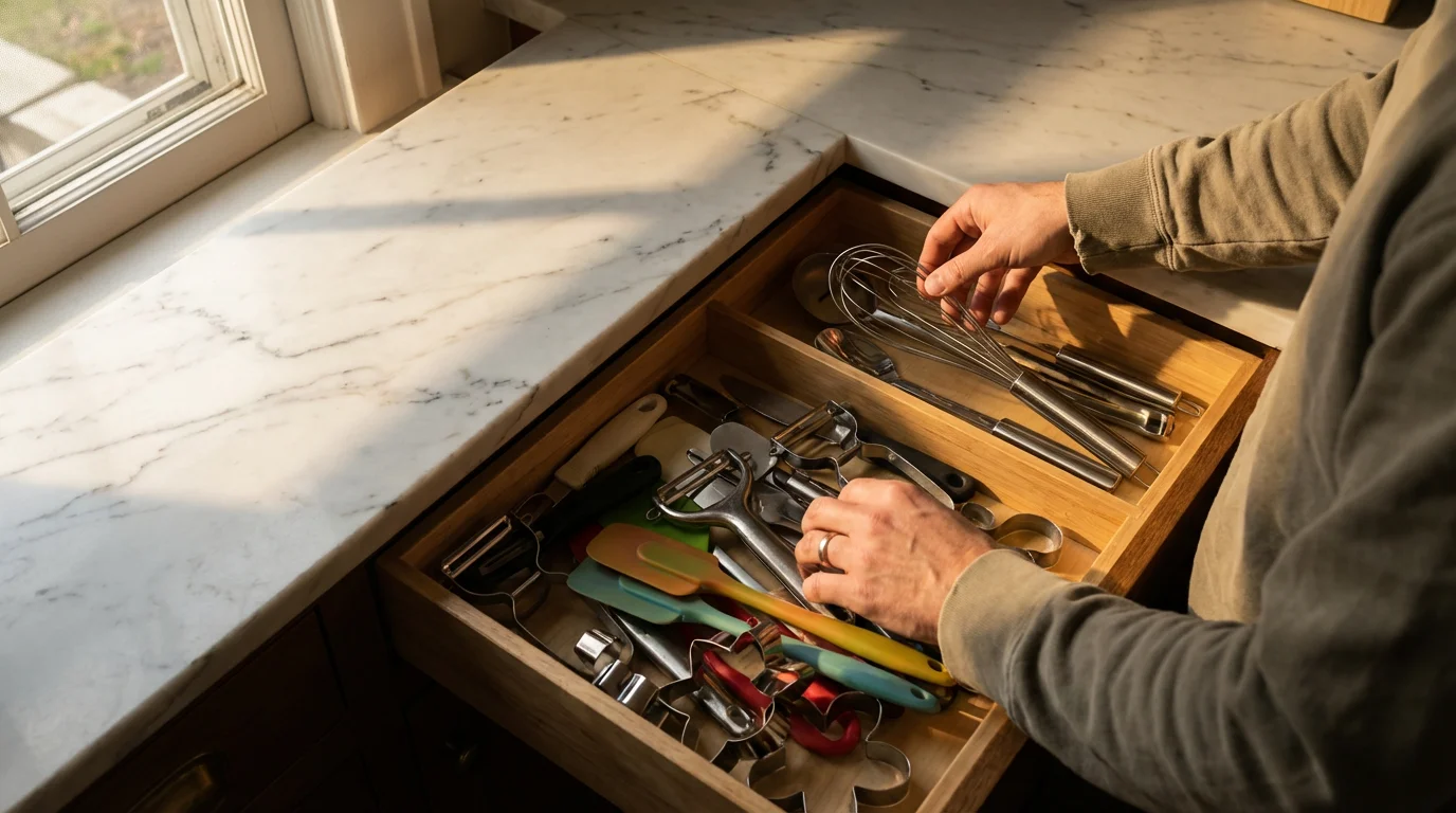 Over-the-shoulder view of hands decluttering a messy kitchen gadget drawer in the afternoon.