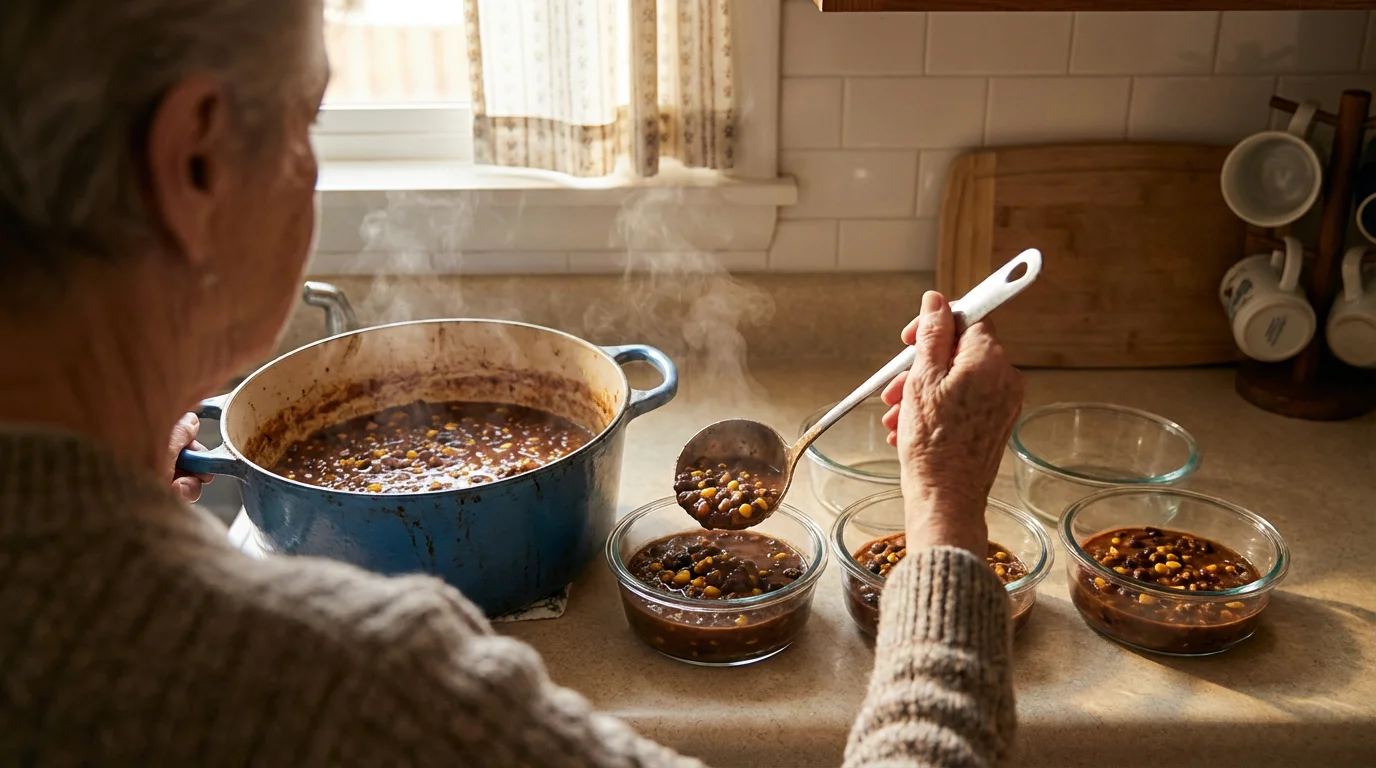 Over-the-shoulder view of hands portioning a large batch of chili into meal prep containers.