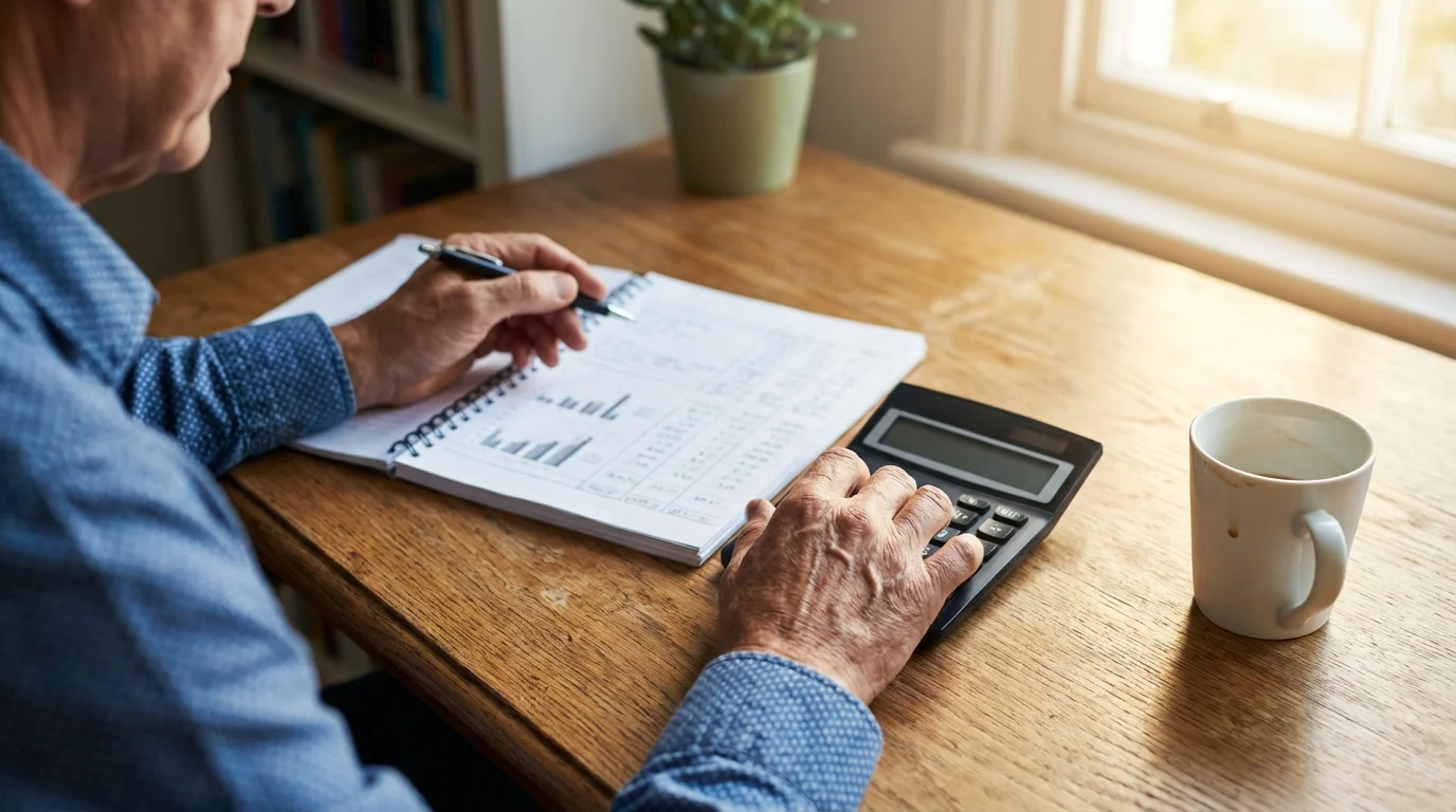 Over-the-shoulder view of hands with a calculator and pen working on financial paperwork.