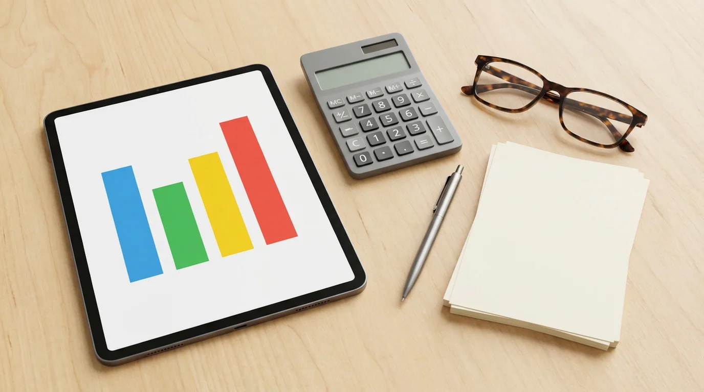Overhead flat lay of a desk with a tablet, calculator, and glasses for retirement planning.