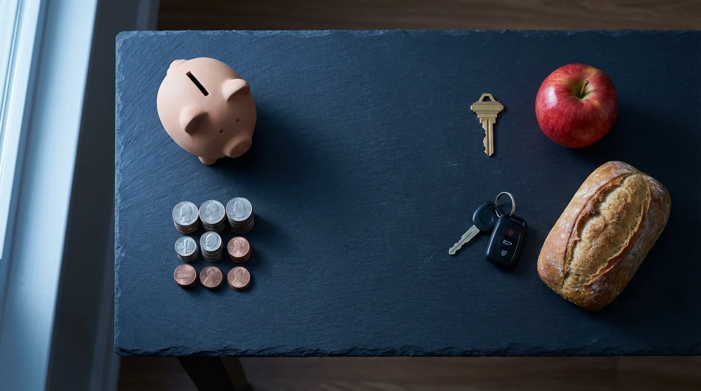 Overhead flat lay of a piggy bank, keys, and groceries representing cost of living.
