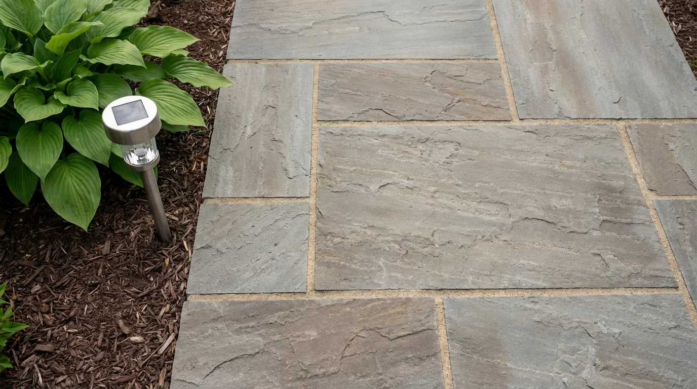 Overhead flat lay of a safe, clean flagstone garden path with solar lighting.