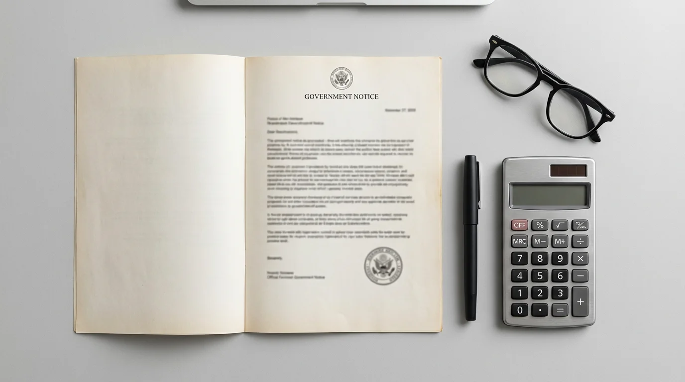 Overhead view of a calculator, glasses, and official-looking papers on a modern desk.
