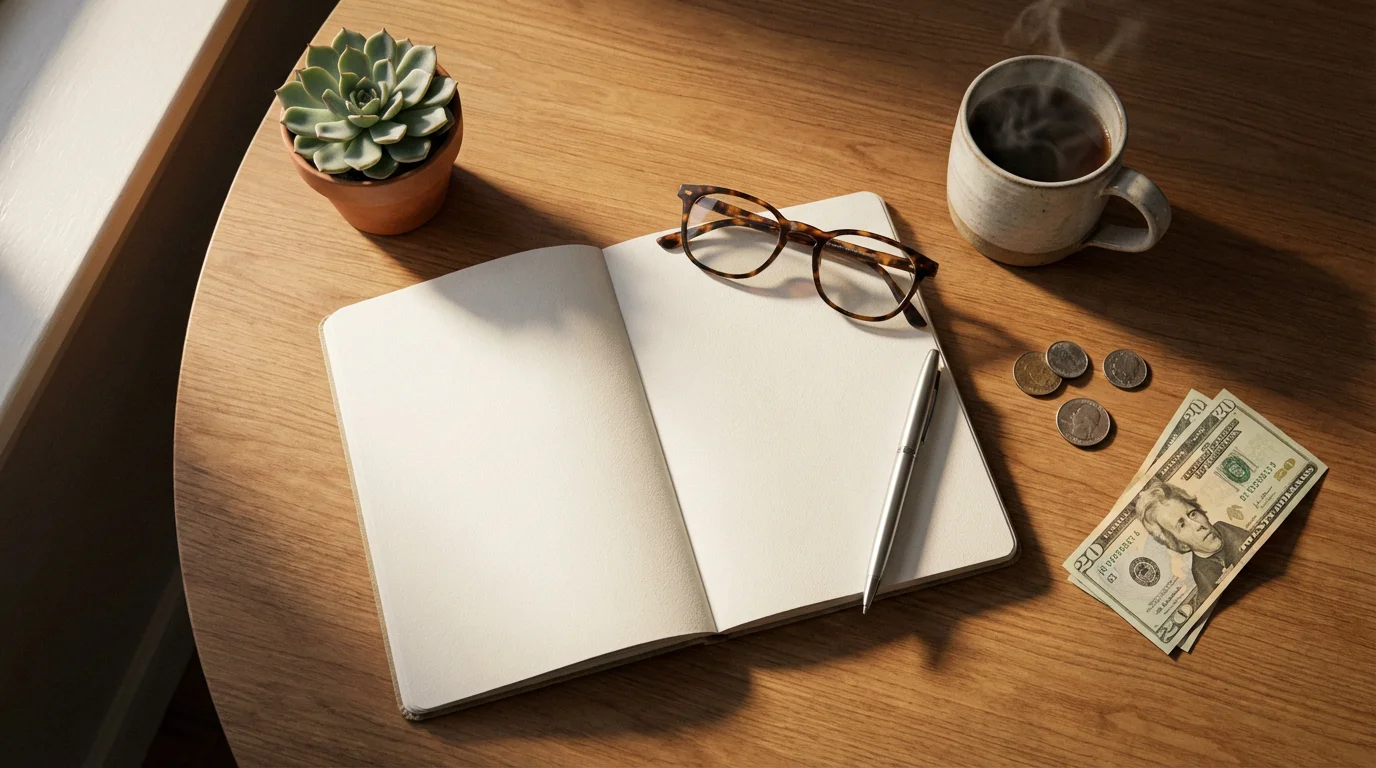 Overhead view of a desk with a notebook, glasses, and coins for retirement planning.