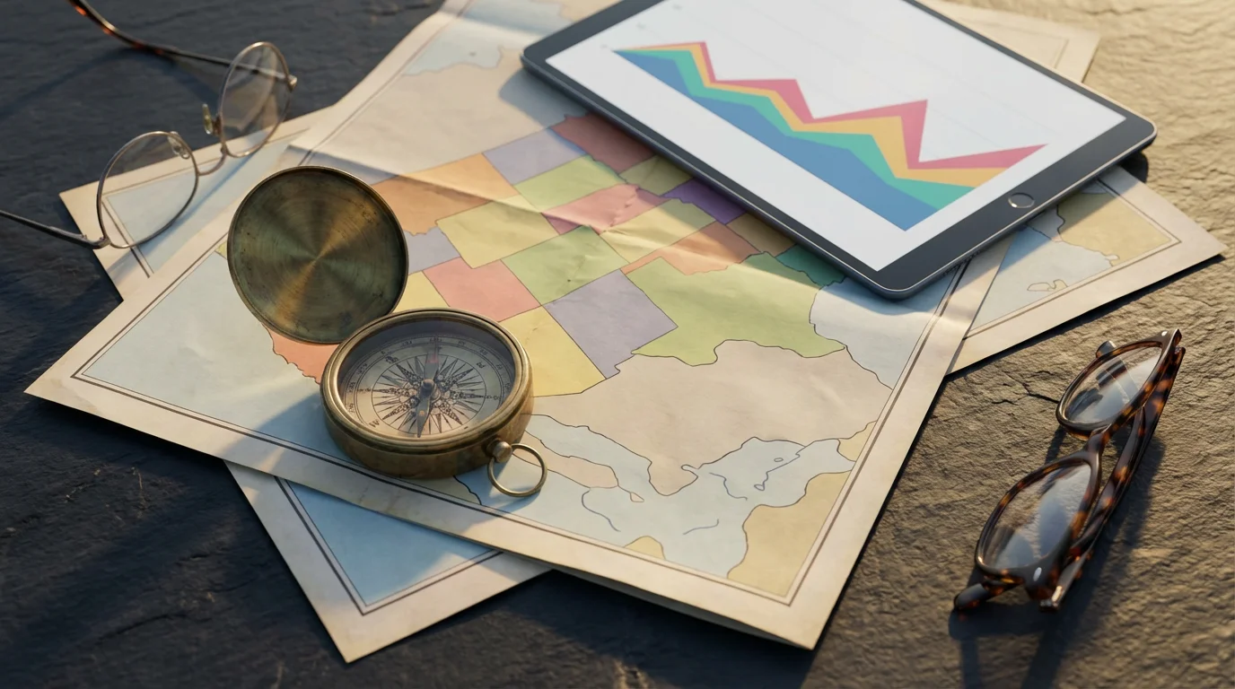 Overhead view of a map, compass, tablet, and two pairs of glasses for retirement planning.
