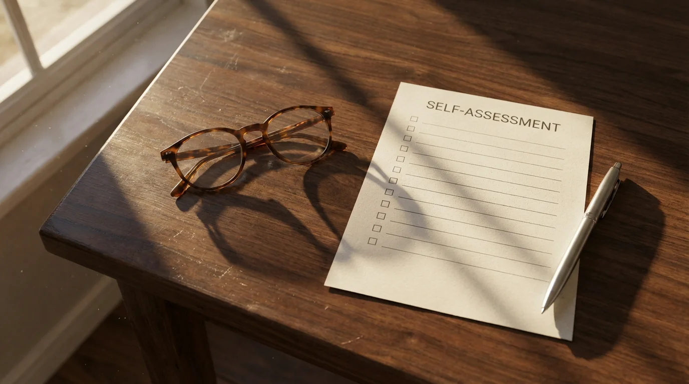 Overhead view of eyeglasses and a blank checklist on a desk with long shadows.