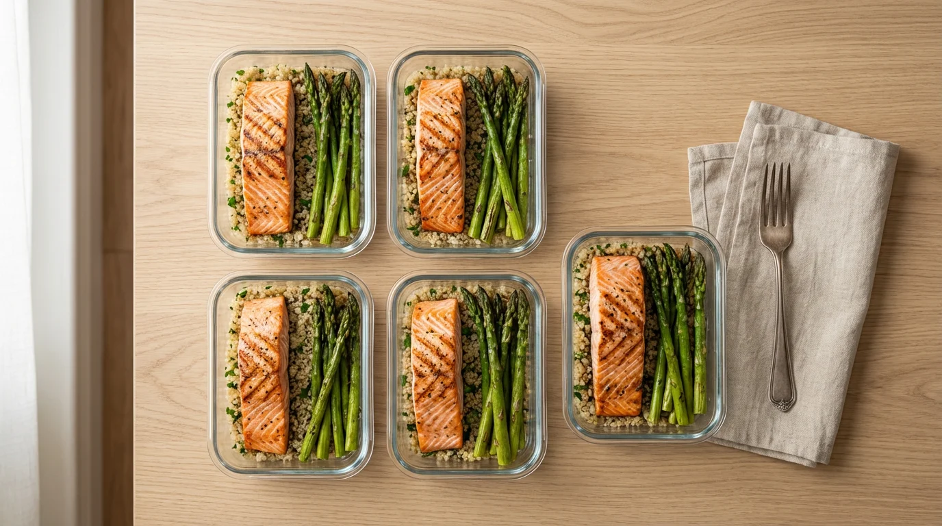 Overhead view of glass containers with healthy salmon and quinoa meal prep.