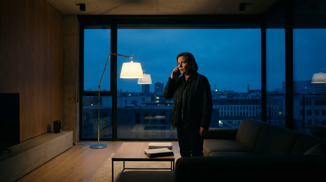 Person making an urgent phone call in their living room at dusk, looking concerned.