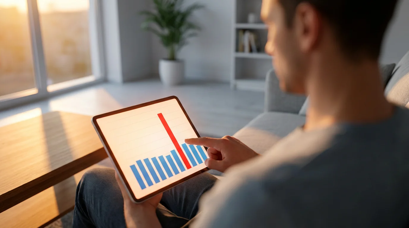 Person reviewing a financial report on a tablet, pointing to a concerning red flag.